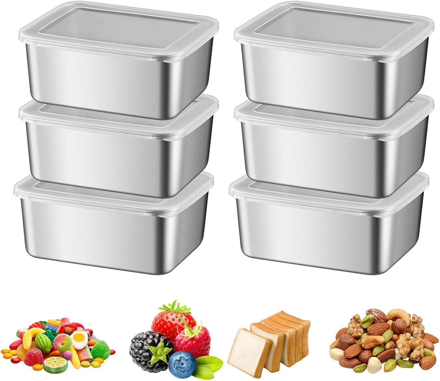 Refein Silver 6Pcs Stainless Steel Food Containers With Lids, 650Ml Meal Prep Containers Reusable Leakproof Metal Lunch Box For Food Storage, Oven Freezer Dishwasher Safe