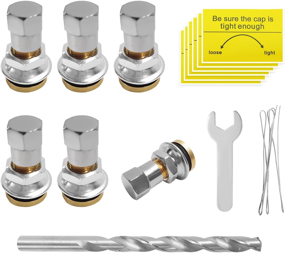 6PCS Gas Can Vent Caps, Leak-Proof Gas Tank Vent Plug with Drill, Wire, Wrench & Warning Stickers, Universal Metal Exhaust Caps for Fuel Tank Water Jug to Allow Faster Flowing