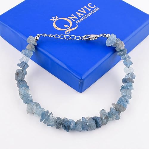 Miniatura 4 de Natural Raw Aquamarine Rough Stone Handmade Dainty Bangle Bracelet for Women, Healing Chakra Energy Crystals, Birthstone Jewelry, Rhodium Plated 925