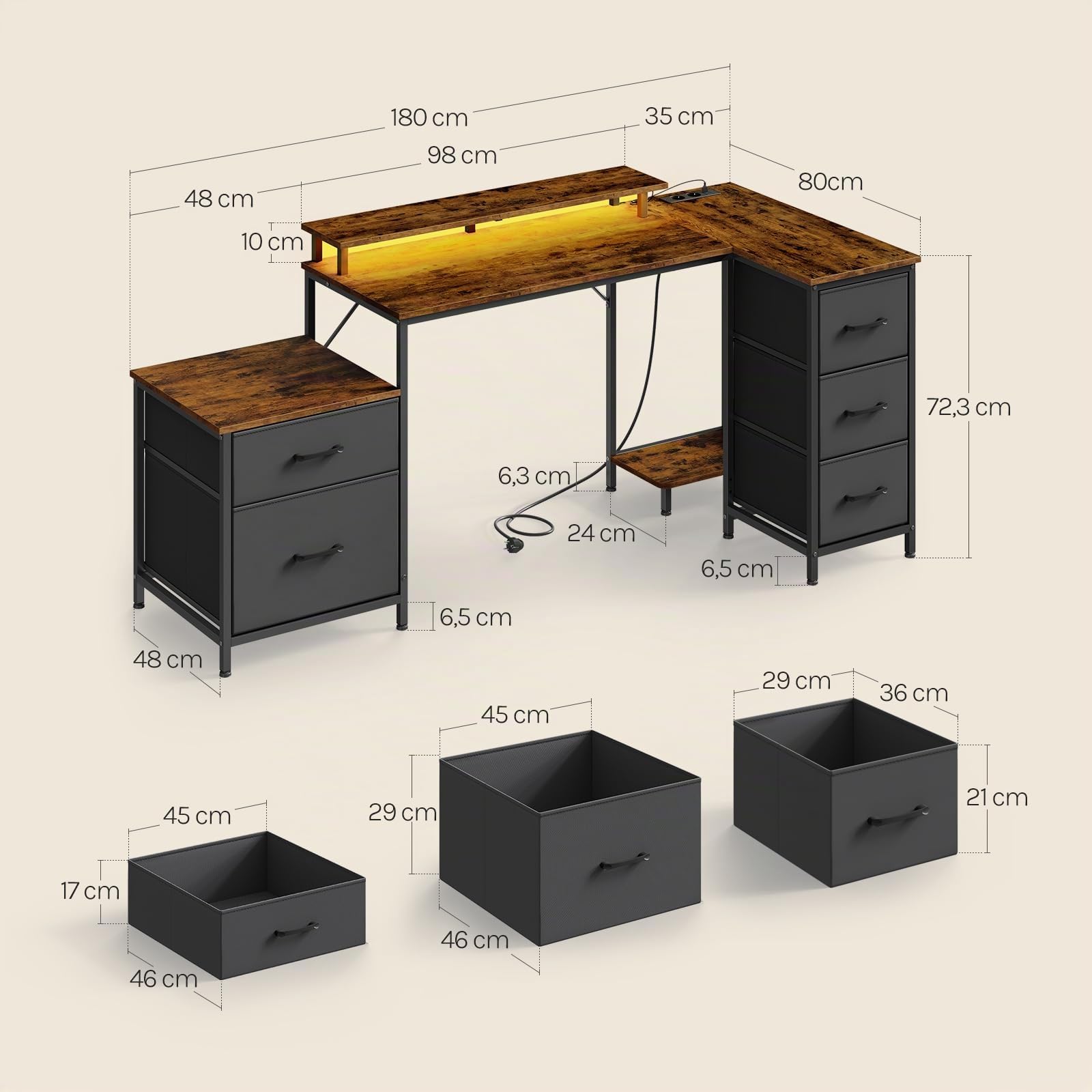 WOLTU Bureau d'angle en L avec Rangement, avec 5 Tiroirs