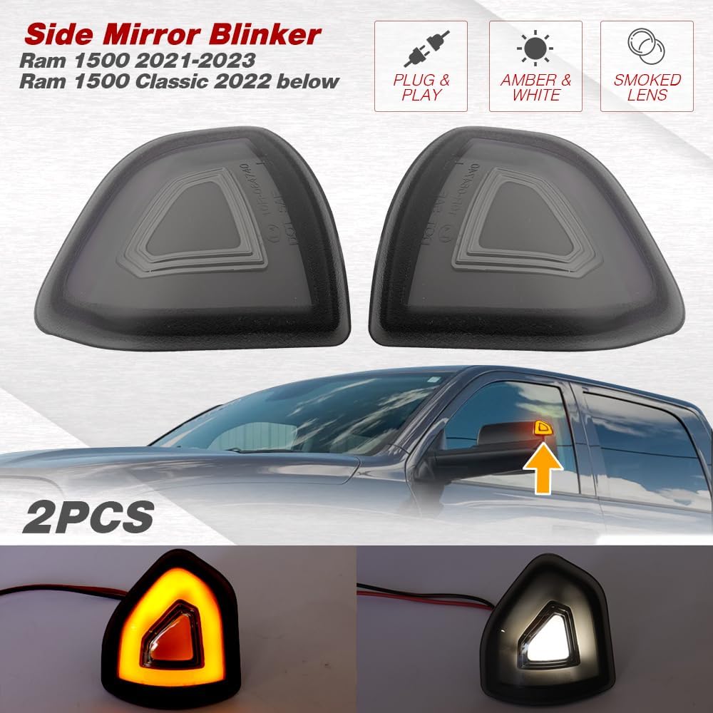 Syneticusa LED Turn Signal Mirror Lights for RAM 1500 2021-2023, 2500 3500 2019-2022, Amber Switchback White Parking Lamp Assembly, Clear Lens, Pair