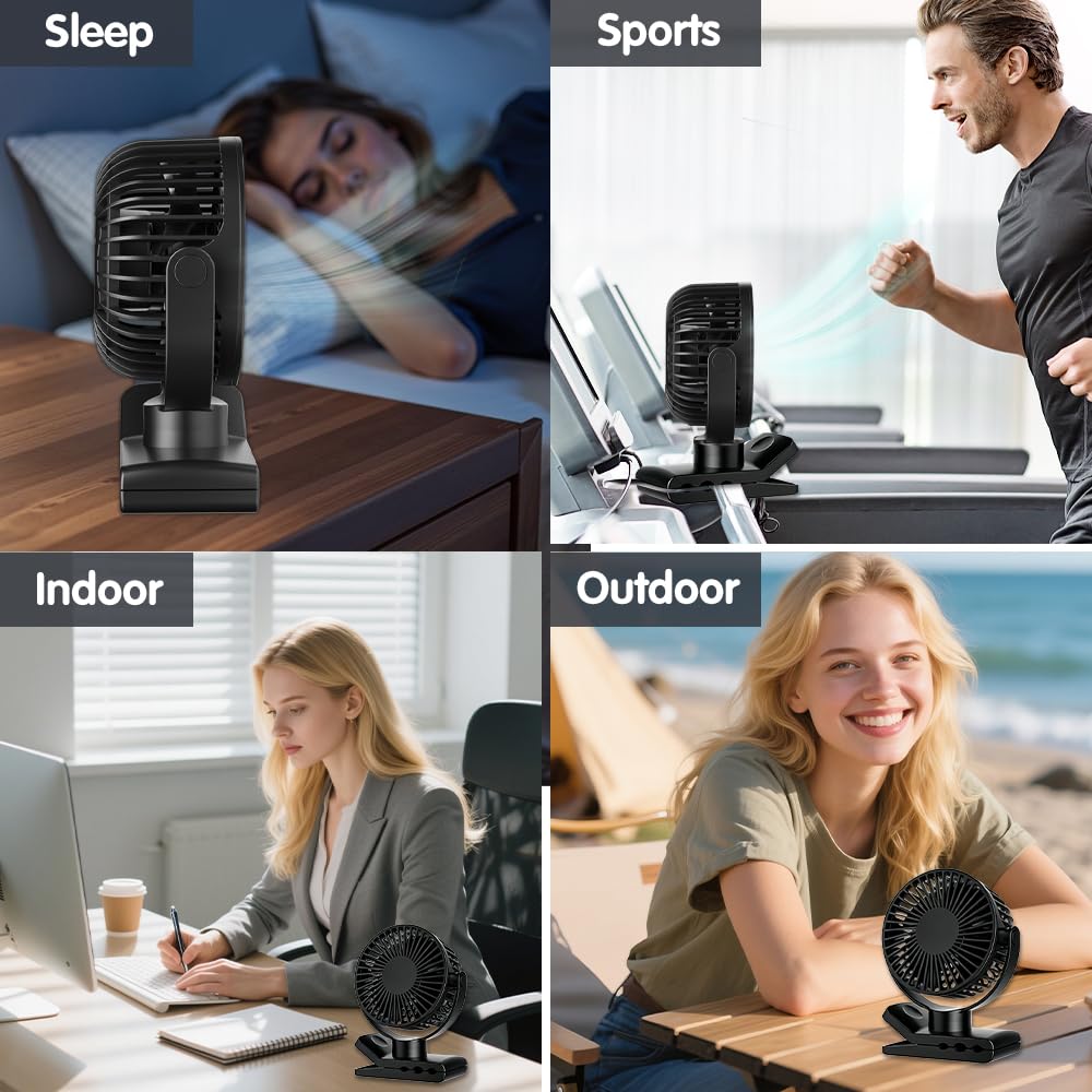 Ventilador de Mesa, 2000mAh Recargable Ventilador USB con Abrazadera Resistente, Ventilador Portátil de Clip con 5 Velocidades, Rotación de 720 Grados, para Oficina, Hogar, Acampar (Negro)