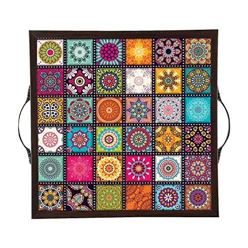 Image of Printelligent Wooden Serving Tray for Serving with Handle, Table Decoration,Coffee Table, Food, Tea, Ottoman, Restaurant Size (12 Inches x 12 Inches, Brown) (K)
