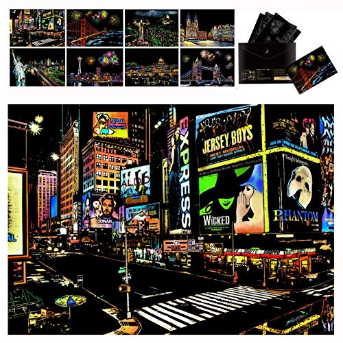 Scratch & Sketch Art Paper A4 for Kids & Adults, Rainbow Scratch Painting Night View Art&Craft, 8PC Scratch Cards & Scratch Drawing Pen, Clean Brush (Beautiful City)