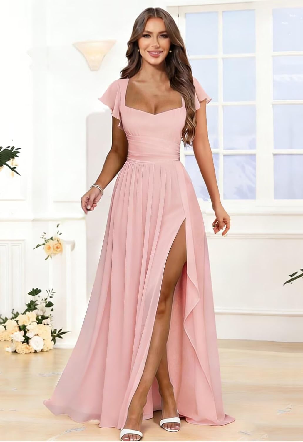 Chiffon Bridesmaid Dress Ruffle Sleeve Corset Tie-Back Long Formal Gown for Women - Image 2