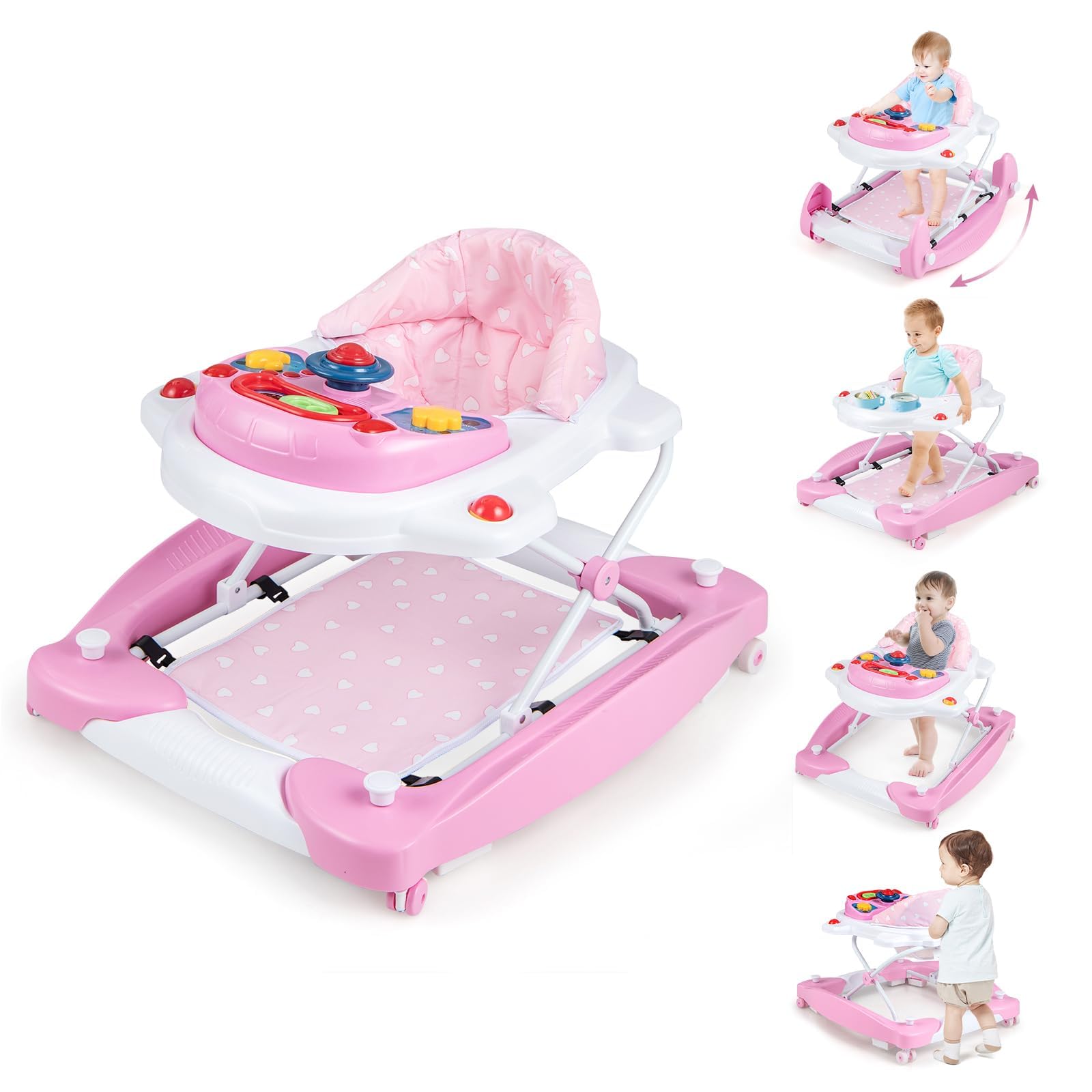 COSTWAY 6 in 1 Lauflernhilfe, Lauflernwagen mit abnehmbarem Spielboard & Fußpolster, Baby Walker höhenverstellbar & klappbar, Laufwagen mit Musik & Licht, Gehfrei baby ab 6 Monaten (Rosa)