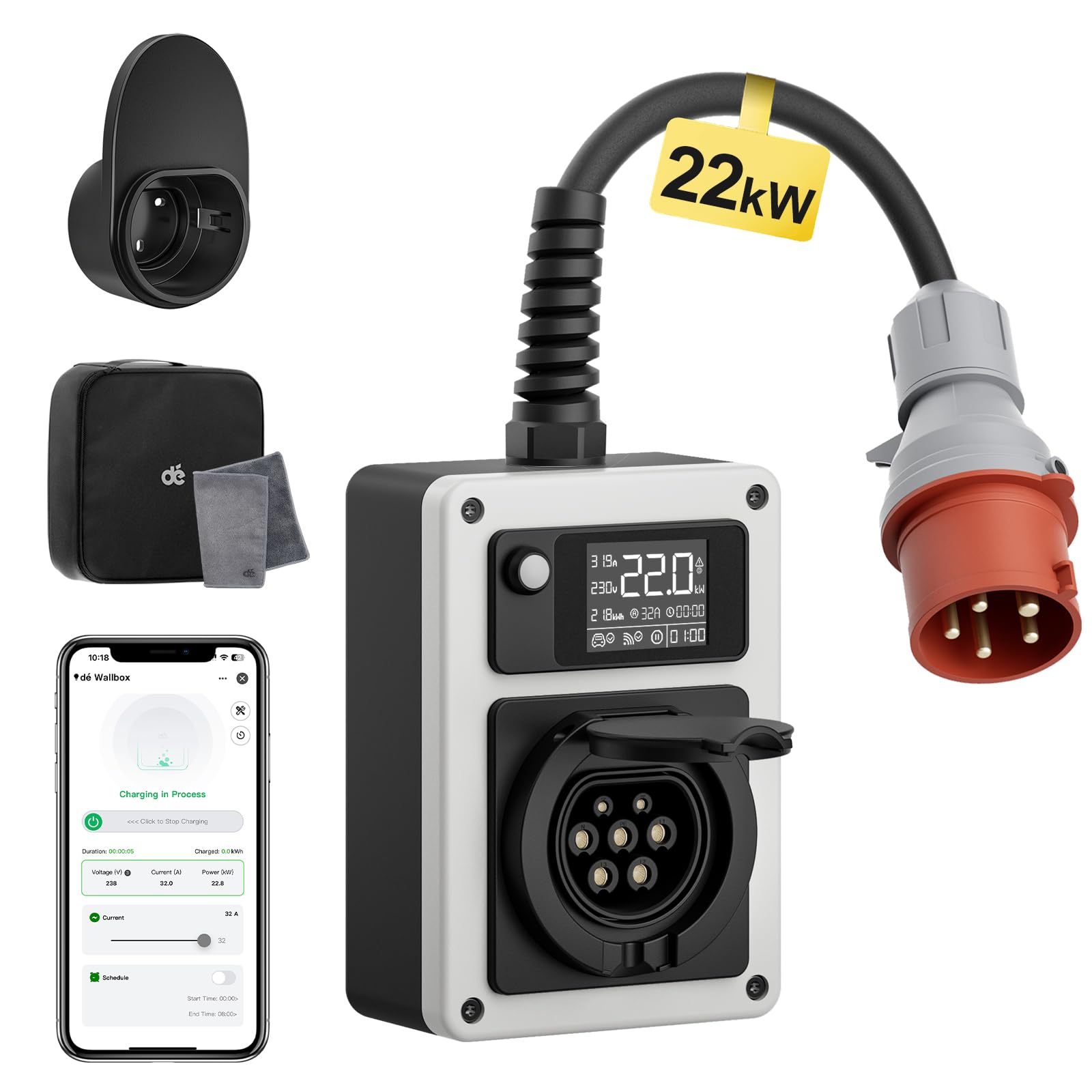 dé Wallbox 22kW 32A EV Charger mit CEE Stecker und Typ 2 Steckdose, 22kW Mobile Ladestation mit Stromzähler, RFID-Karte für ID.4 ID.5, Model Y, Model 3, e-up, e-tron und andere EV und PHEV