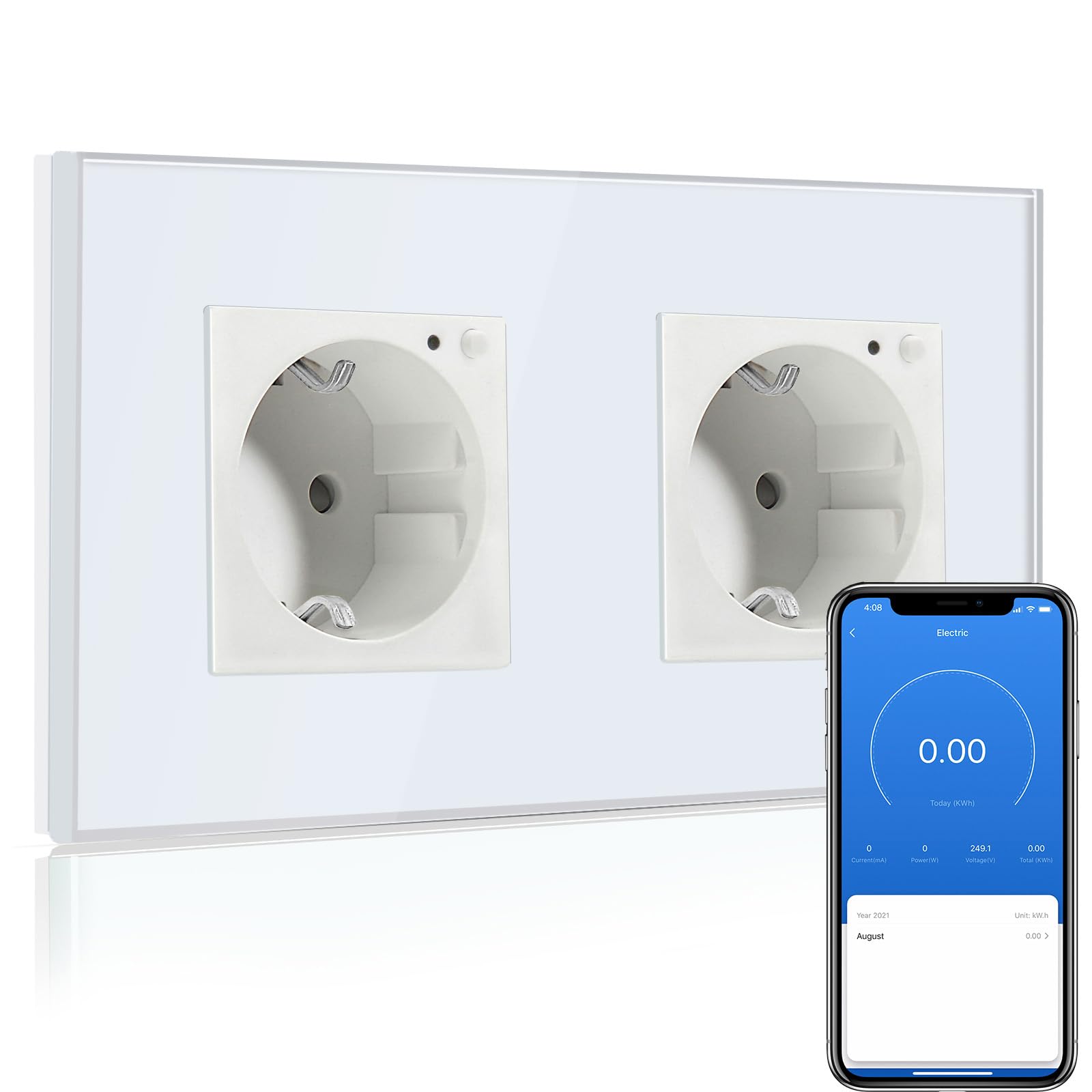 BSEED BSEED Enchufe Doble de Pared WiFi con monitor de consumo de energía,Schuko Enchufe inteligente Compatible con Alexa y Google Home,Control de APP y Función de Temporizador,16A Blanco