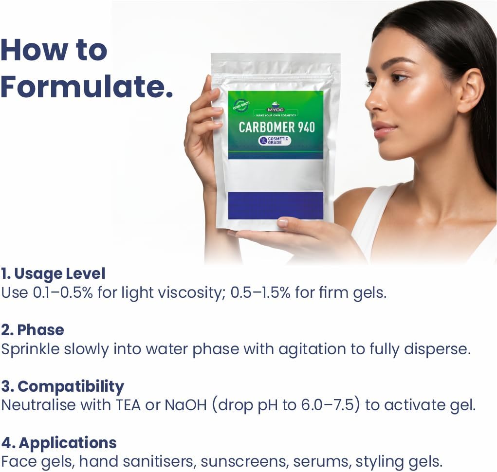 Carbomer 940 Powder (60 g / 2.1 oz) - Cosmetic Grade Thickening & Gelling Agent for DIY Serums Gels Creams & Lotions