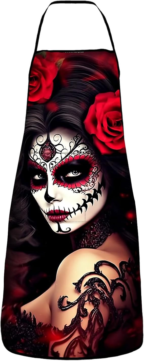 Waterproof Adjustable Sugar Skull Flower Apron for Kitchen Bbq with 2 Pockets, Sugar Skull Flower Gift for Women