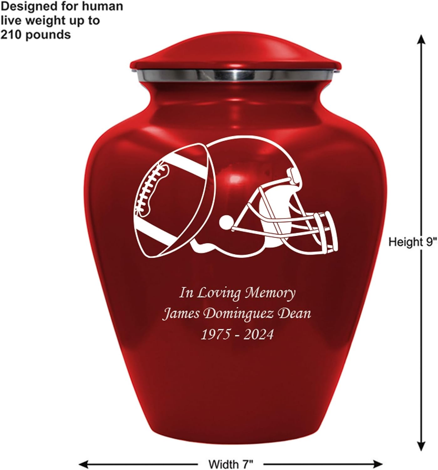 Football Cremation Urn, Customized Human Adult Funeral Urn for Football Lovers, Personalized Urn with Velvet Bag (Red, Large)
