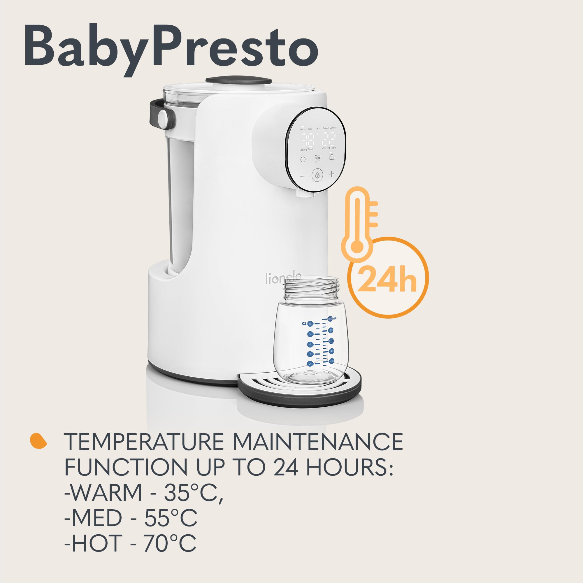 LIONELO BABYPRESTO Scaldal biberon. Bollitore Elettrico per Acqua 2 Litri Potenza 1000 W, Temperatura di Esercizio 35°-100°, Mantiene il Calore 24 ore Dosaggio Acqua 30-300 ml, Declorazione