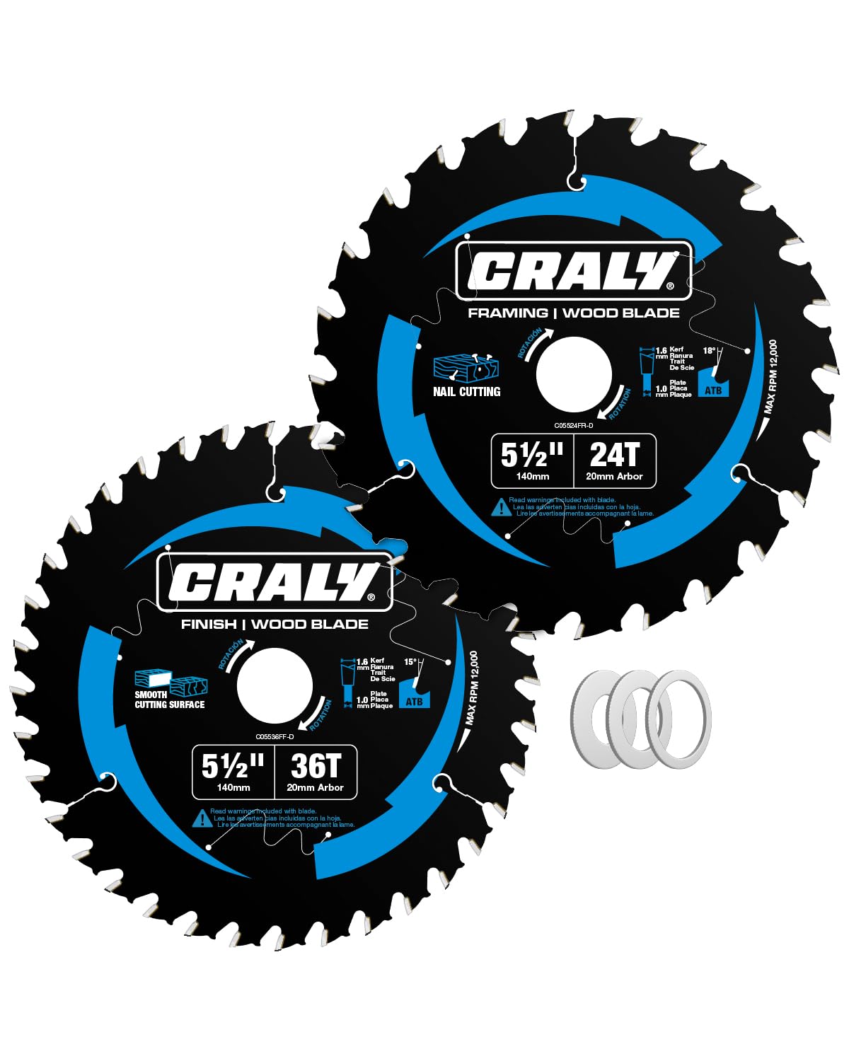 CRALY 5-1/2 Inch 24&36 Teeth Wood Cutting Framing/Fine Finish Circular Saw Blade, 20mm Arbor, Carbide Tipped, Thin Kerf, Black Ice Coating, for Plywood, MDF, OSB, Laminated, 2-Pack(C0552436-2D)