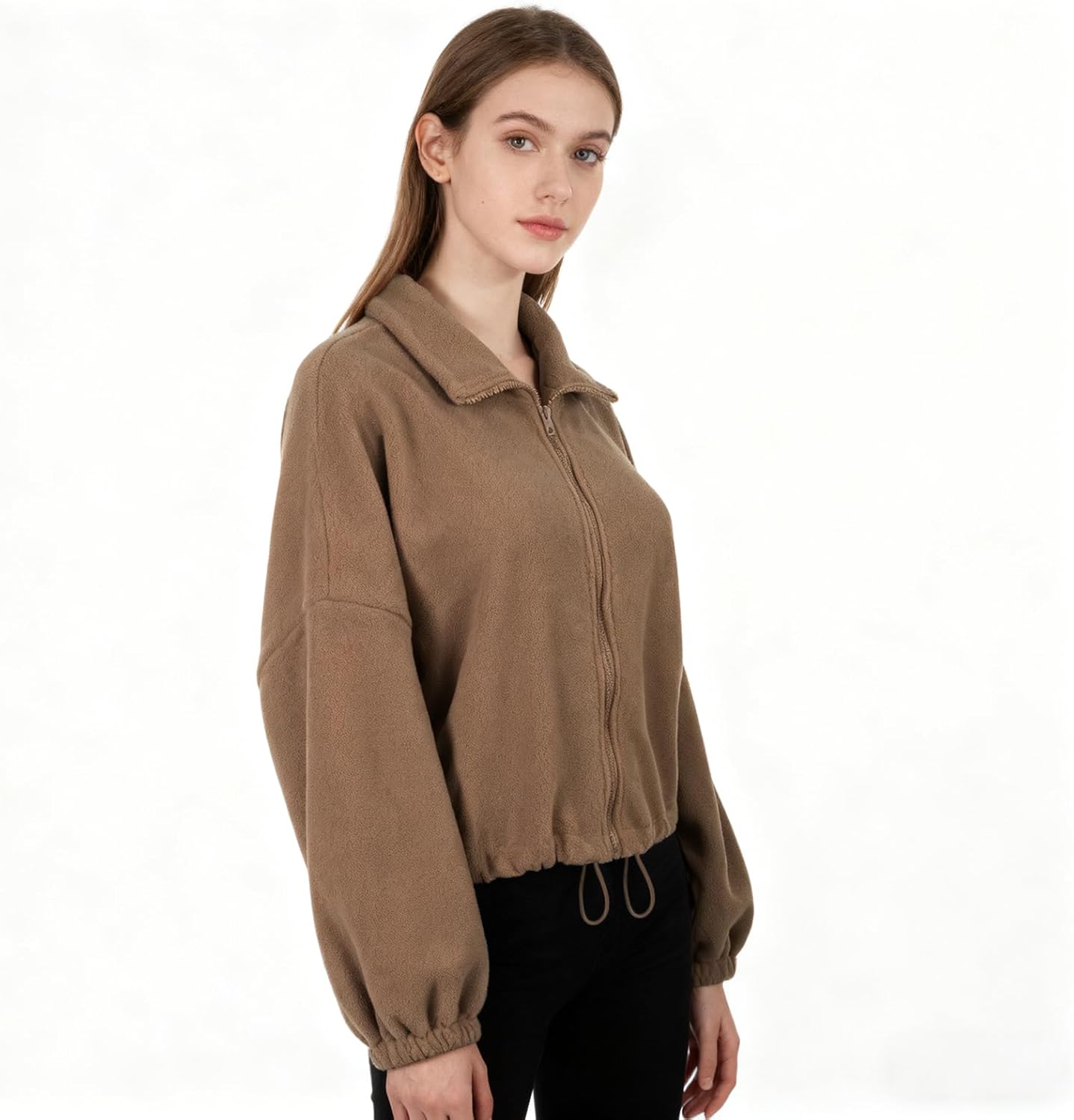 GaoCold Women's Zip Up Short Jacket Stand Collar Cardigan Oversized Sweatshirts Drawstring Hemlines Casual Long Sleeve Coat - Image 6