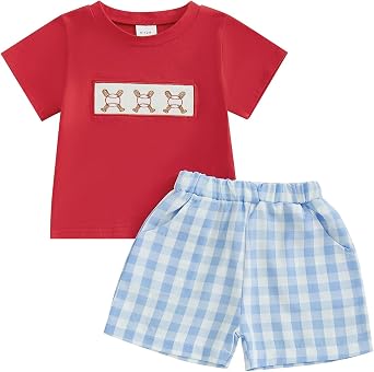 Toddler Baby Boys Baseball Outfits Embroidery Short Sleeve T Shirts and Plaid Shorts Set 2Pcs Summer Clothes Sets