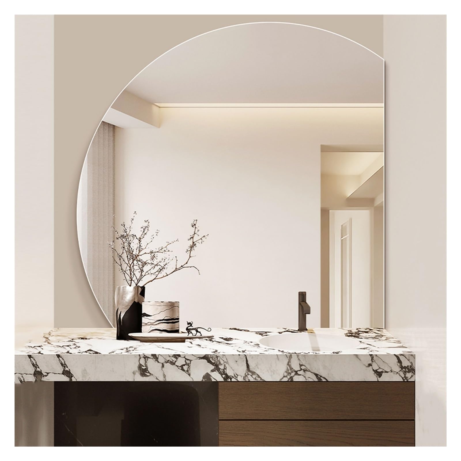 SXFSDOU Frameless Half Circle Bathroom Mirror - Unbreakable Wall-Mounted Vanity Mirror, Stylish DIY Glass Decor for Bedroom, Living Room, Entryway 60cm/23.6in Right Cut