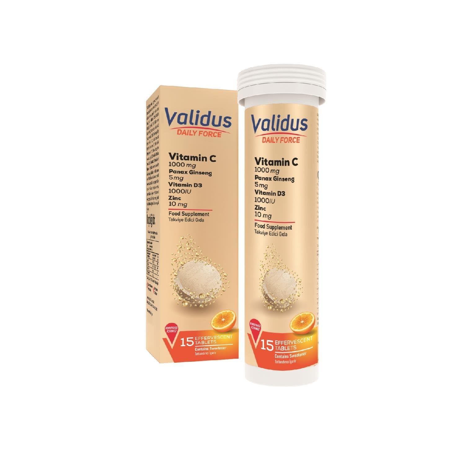 Validus Daily Force Vitamin C Panax Ginseng Zinc Vitamin D3 15 Effervescent Tablets 12 Stand