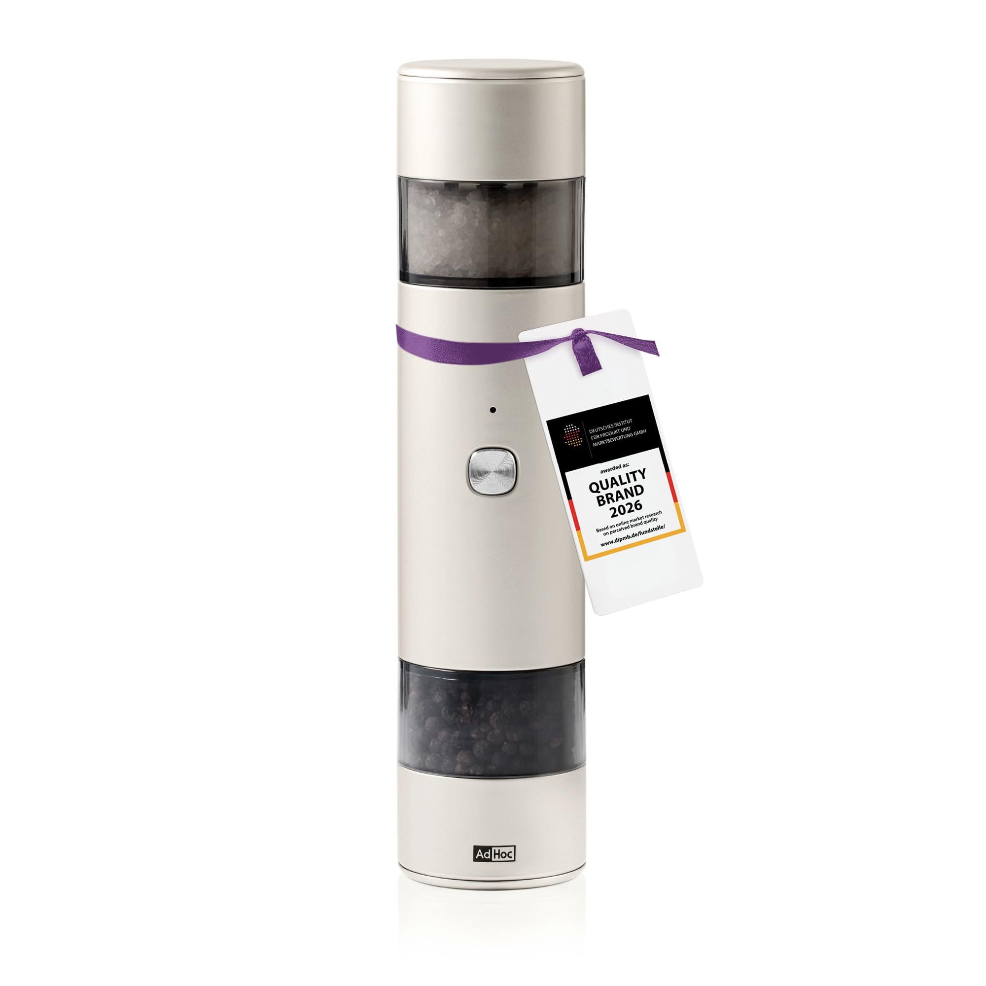 AdHoc i.Mill Duo Moulin électrique à sel et poivre 2-en-1 | Rechargeable USB-C, GravitySwitch, broyeur céramique réglable de fin à gros, fonctionnement silencieux à une main