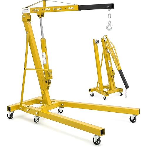 2 T Engine Hoist, 4000 LBS Heavy Duty Folding Cherry Picker Engine Lift Hydraulic Tilting Engine Shop Crane with 6 Iron Caster Wheels Telescopic Boom Hitch,Yellow