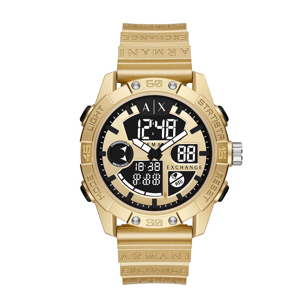 Armani Exchange Reloj para Hombre, Movimiento Ana-Digi, Caja ABS Dorada de 46MM con Correa de Poliuretano, AX2966,