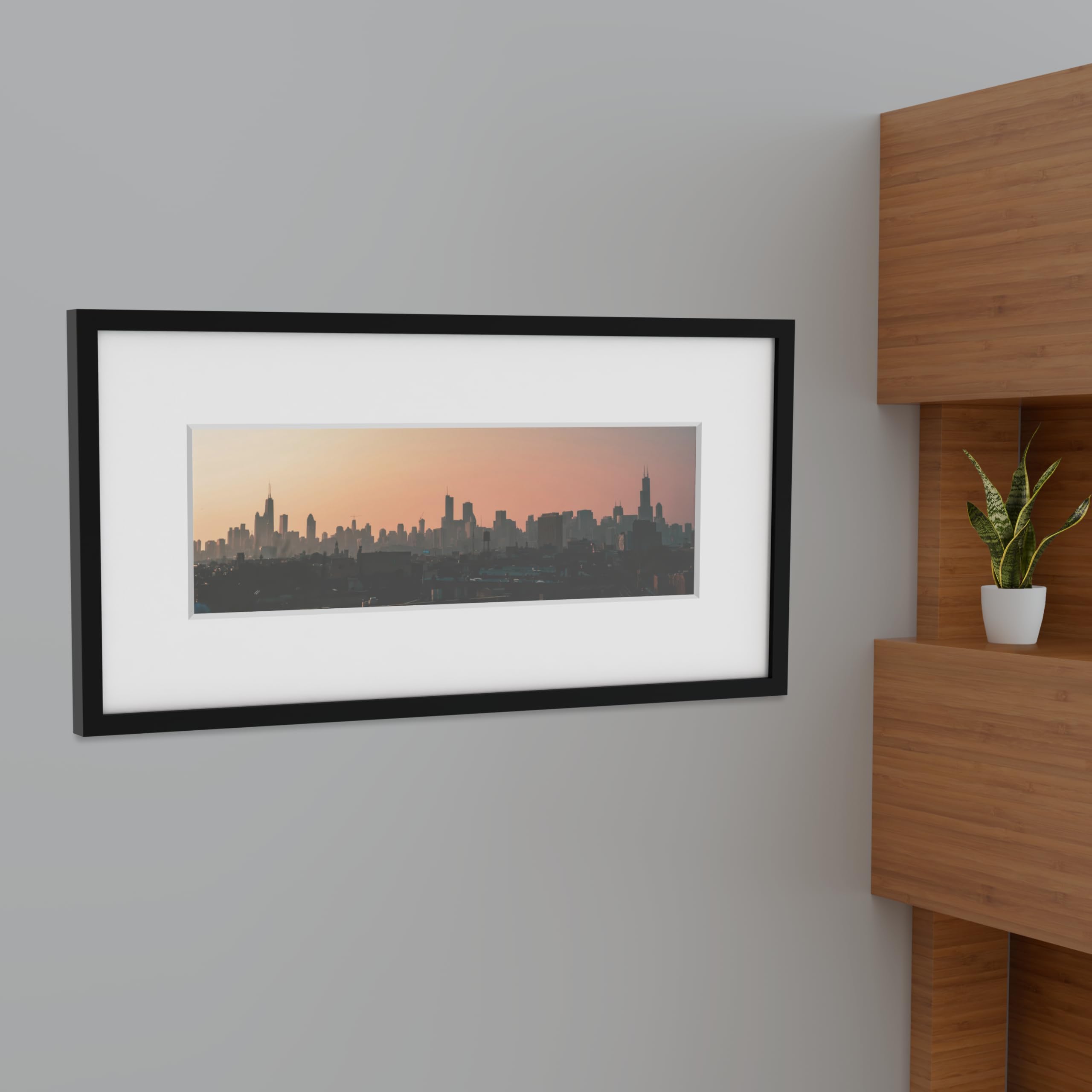 Frame Amo 24x48 Black Solid Wood Poster Frame, with 11.5x35.5 White Mat Opening for 12x36 Image, 1.25 x 1 inch Border, Clear Acrylic Front