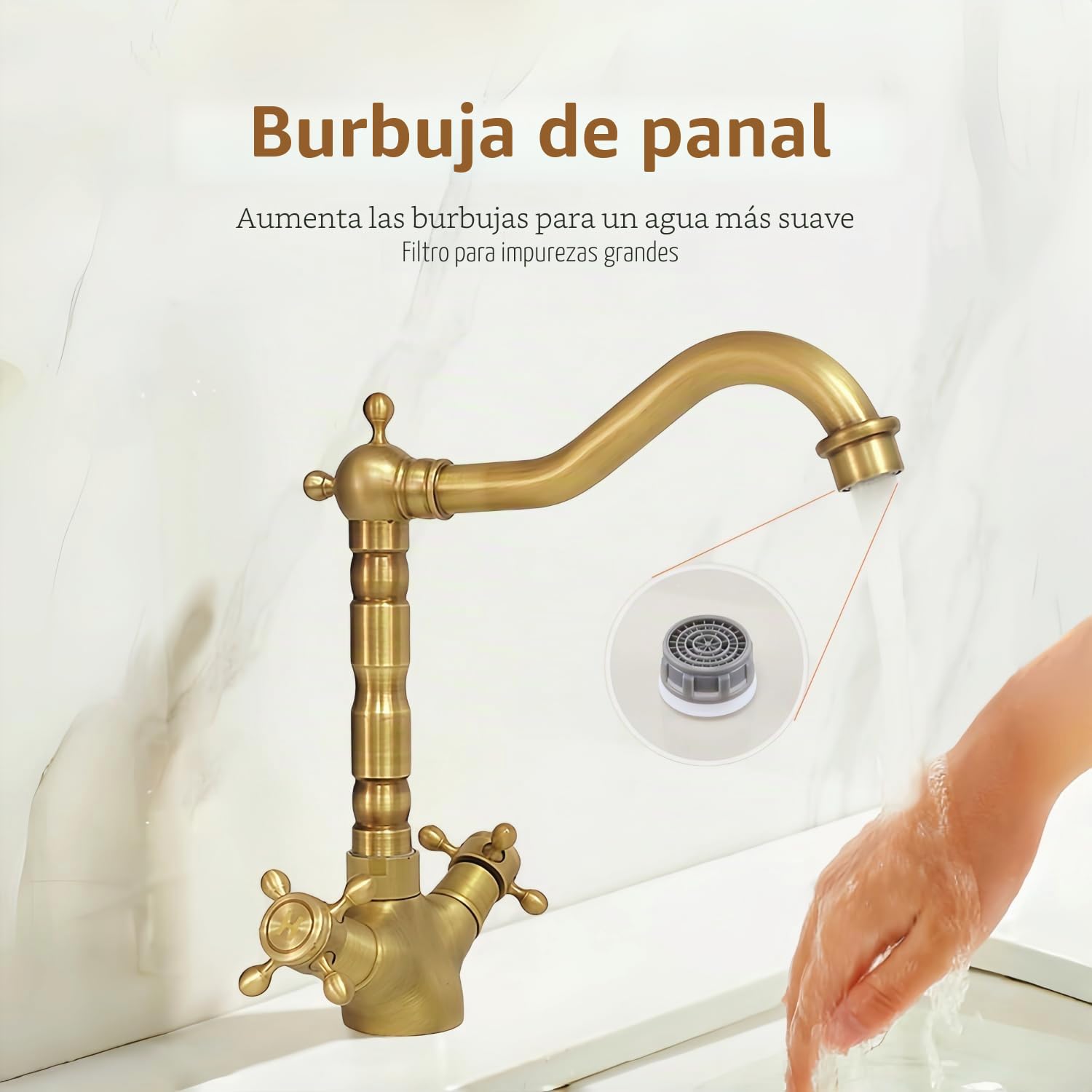 Grifo Cocina Fregadero de Latón Antiguo, Retro Grifos de Lavabo de Doble Maneta, Vintage 360° Giratorio Mezclador Bronce de Baño de Agua Caliente y Fría