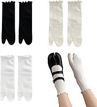 SamHeng Tabi Flip Flop Socks for Women 3 Pairs Cotton Japanese Split Toe Socks Calf-Length Elastic Ruffle Frilly Shinobu Cosplay Extra Sock