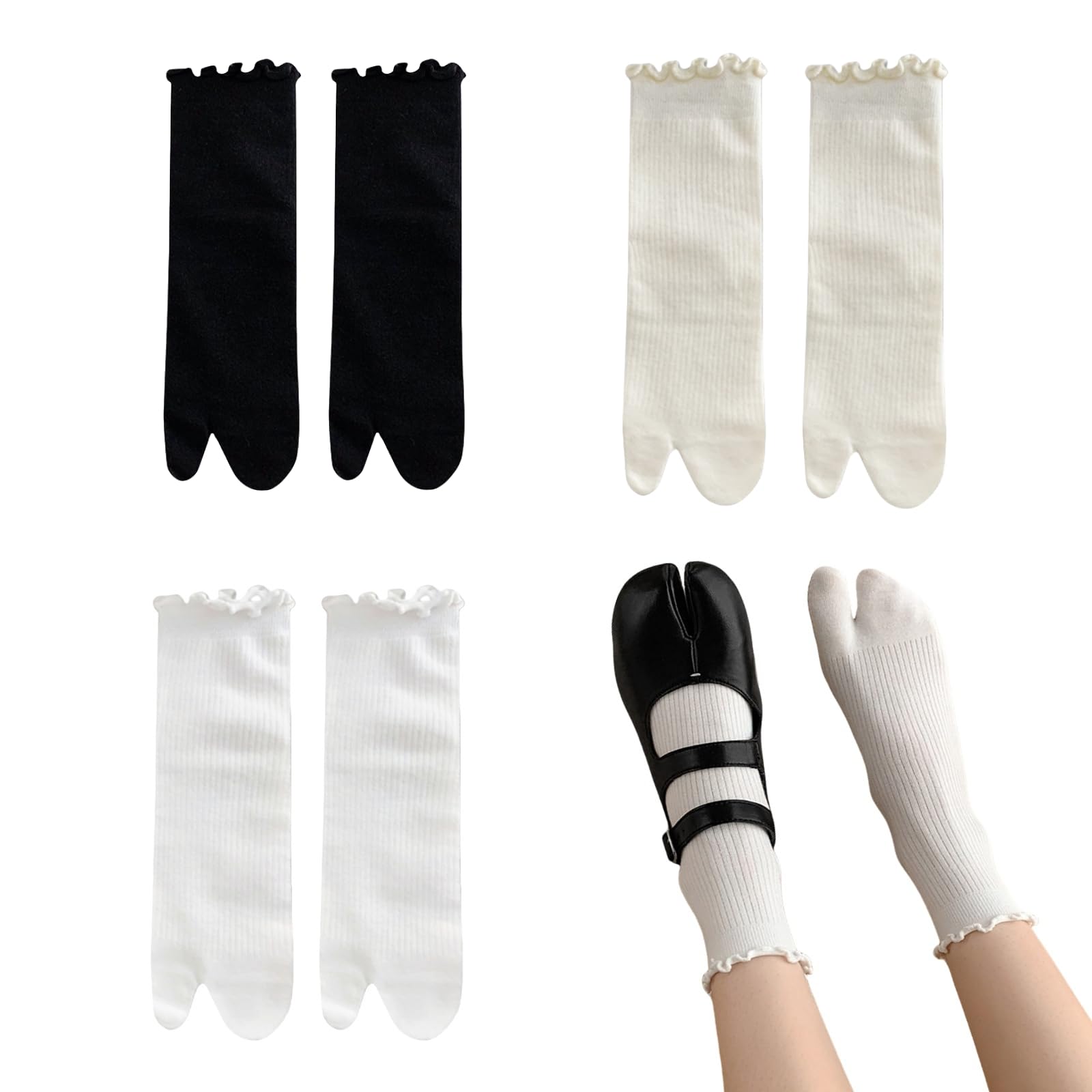 Samheng Women's 3 Colors Tabi Flip Flop Socks For 3 Pairs Cotton Japanese Split Toe Socks Calf-Length Elastic Ruffle Frilly Shinobu Cosplay Extra Sock(3 Colors)