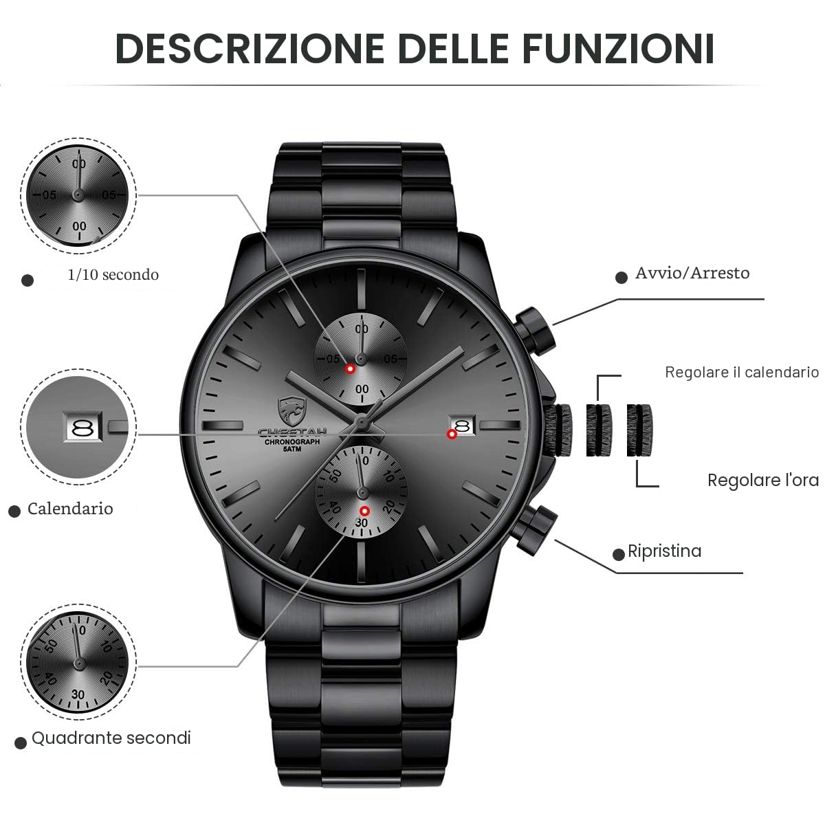 Affute Orologi da uomo in acciaio inox e metallo, stile casual, impermeabile, cronografo al quarzo, data automatica, lancette colorate…