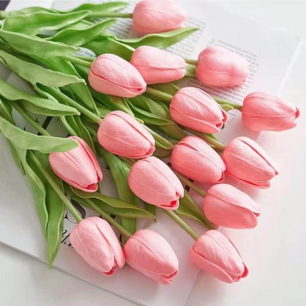 PU Real Touch Tulips Artificial Flowers 30Pcs Flowers Arrangement Bouquet for Home Office Wedding Decoration (Pink) - Image 2