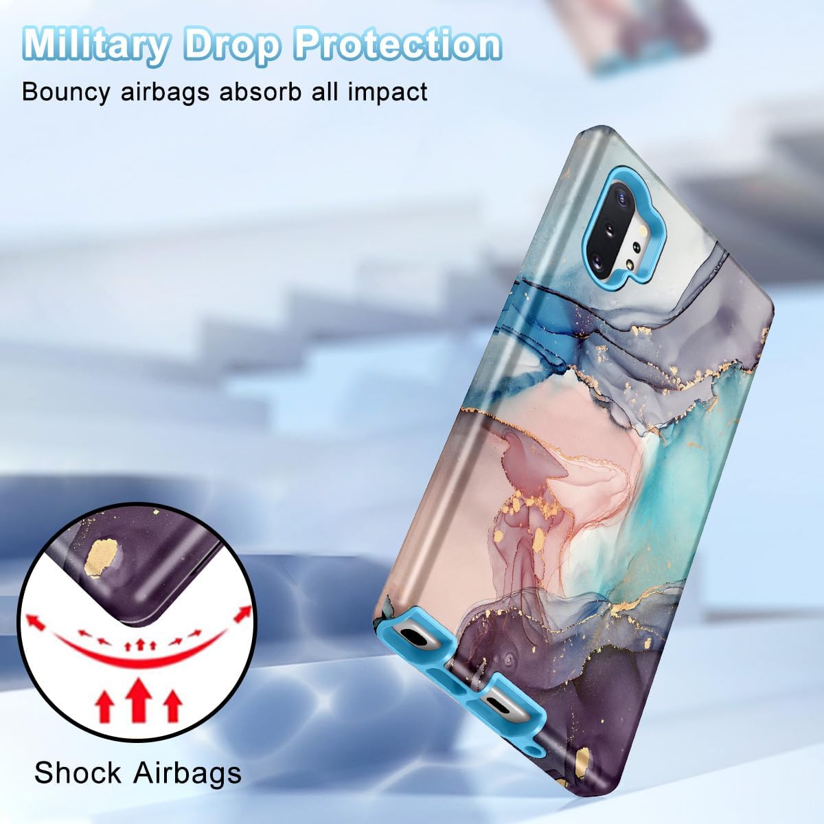 Btscase for Samsung Galaxy Note 10 Plus Case,Marble Pattern 3 in 1 Heavy Duty Shockproof Full Body Rugged Hard PC+Soft Silicone Drop Protective Women Girl Cover for Galaxy Note 10 Plus, Blue Gray - Image 5