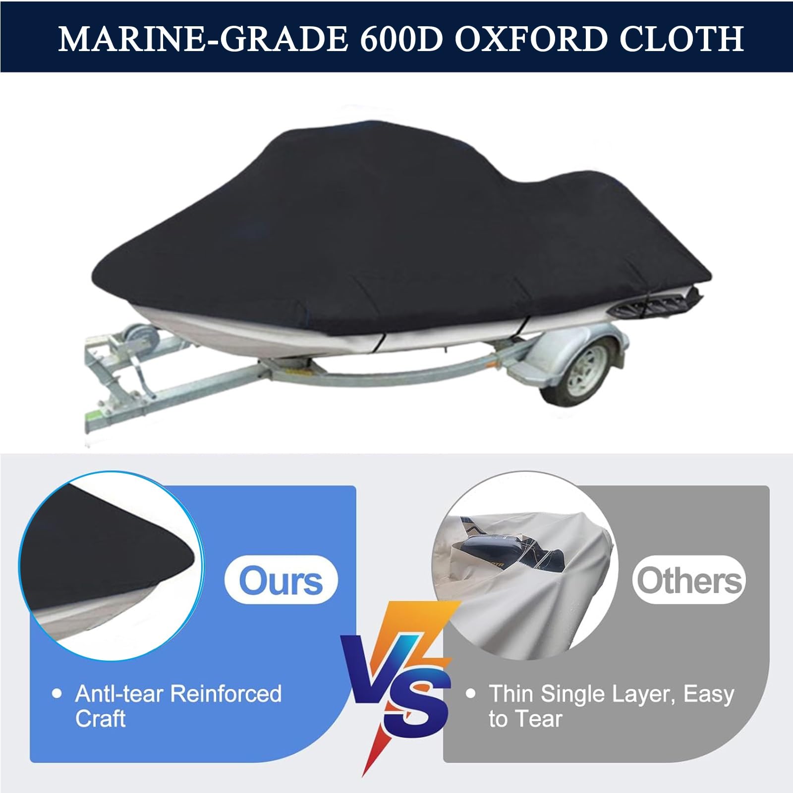 Telo Copri Jetski,Copertura per Moto D'acqua Jet Ski Copertura per Barca Rimorchiabile Impermeabile Oxford 600D Telo Copri Barca Jet Ski Telo Copri Barca a Motore(Black,Fits from 121"-135")