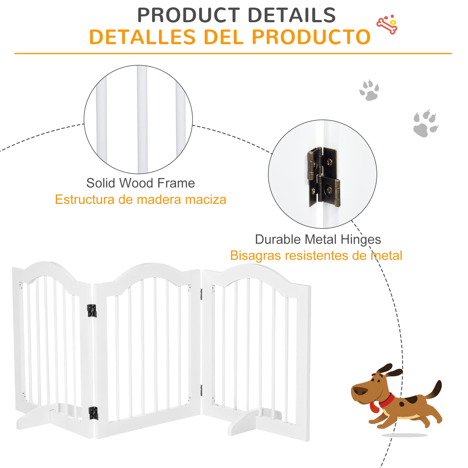 PawHut Barrera de Seguridad para Perros Pequeños Plegable 154,5x61 cm Barrera para Perros en Casa de 3 Paneles con Patas Anchos para Escaleras Pasillos Blanco