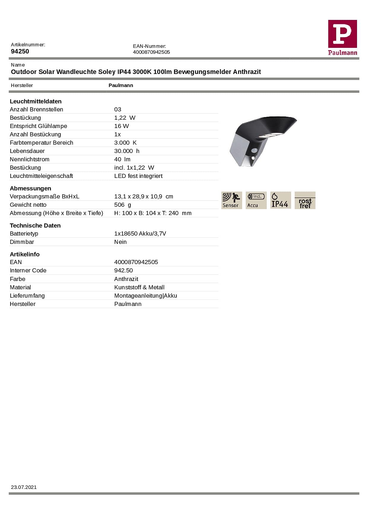 Paulmann 94250 Solar Wandleuchte Soley LED Außenleuchte incl. 1x1,22 Watt Anthrazit Kunststoff 3000 K Warmweiß