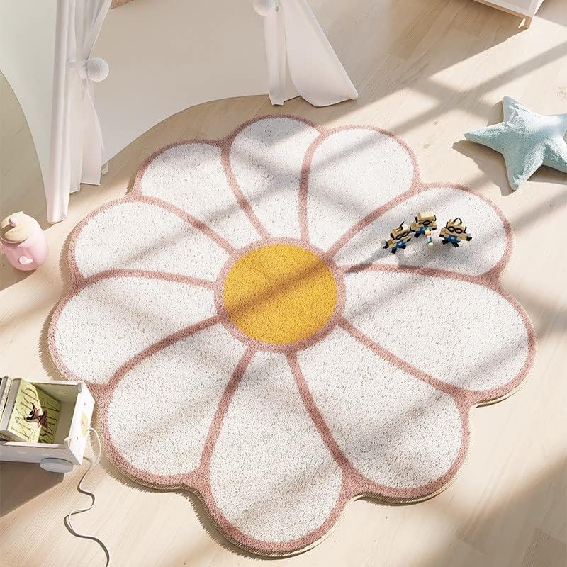 Poowe Pink White Flower Shaped Round Rug for Bedroom Living Room, Fluffy Circular Rug Washable Nursery Rug for Kids Room Nonslip Indoor Floor Mat for