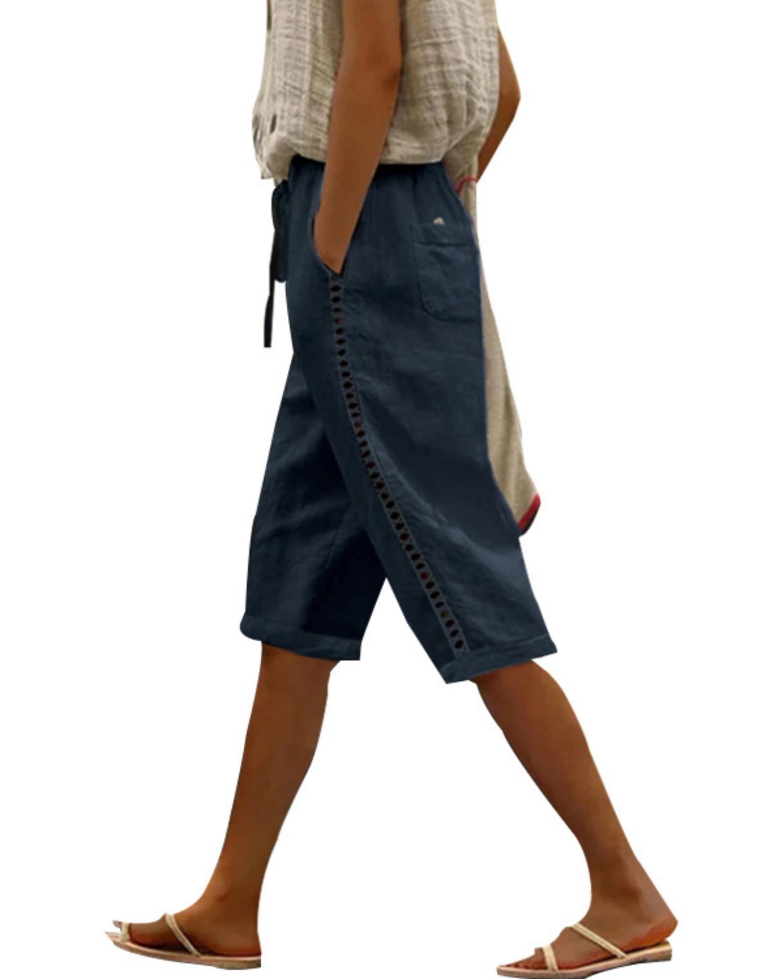 QANSI Women's Cotton Linen Shorts 2025 Casual Loose Knee Length Beach Pants Summer Drawstring Bermuda Shorts with Pockets