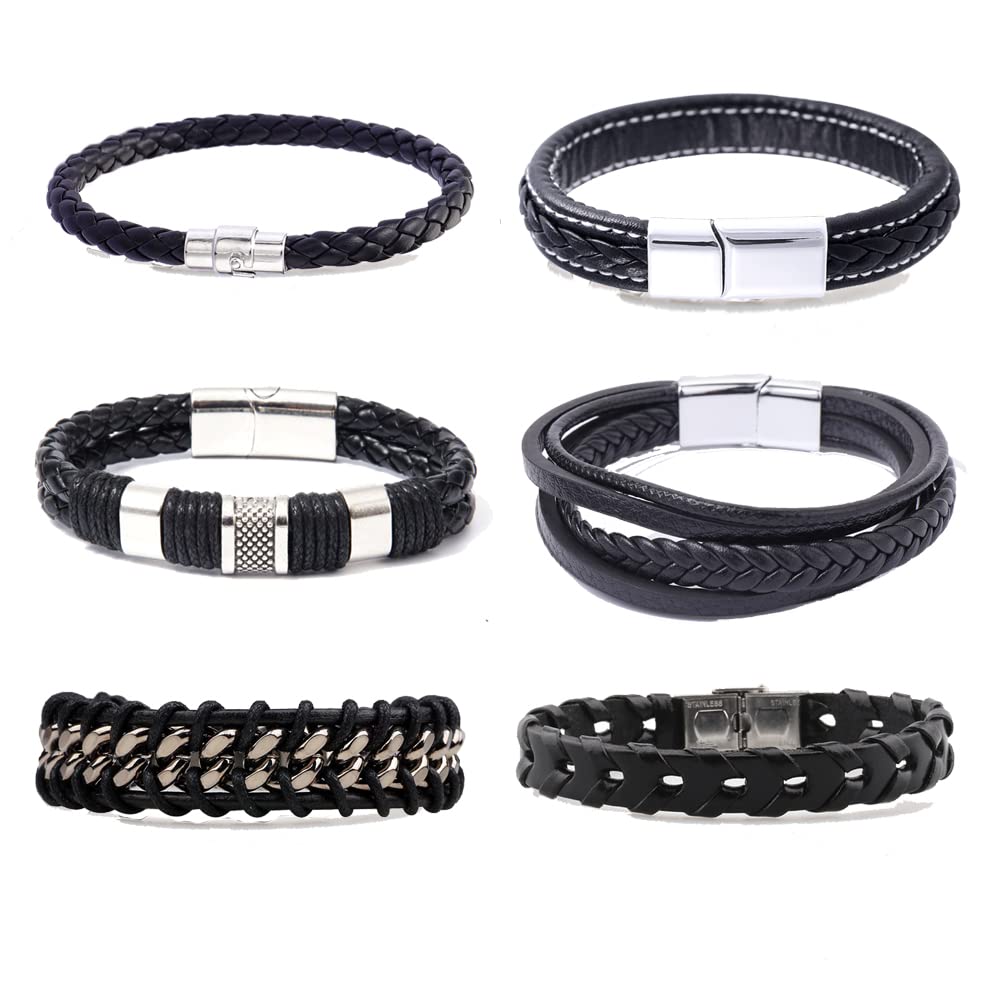 VALIJINA6Pcs Braided Leather Bracelets for Men Black Multi-Layer Leather Wrap Wristbands Wrist Cuff Bangle Set