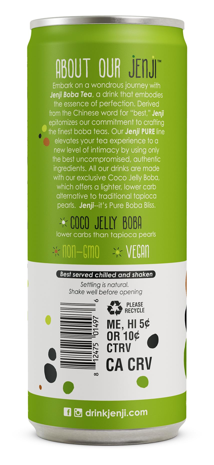 Jenji Pure Boba Tea, Matcha Latte Flavor | 10.8 fl oz, Pack of 12 | Plant-Based Beverage
