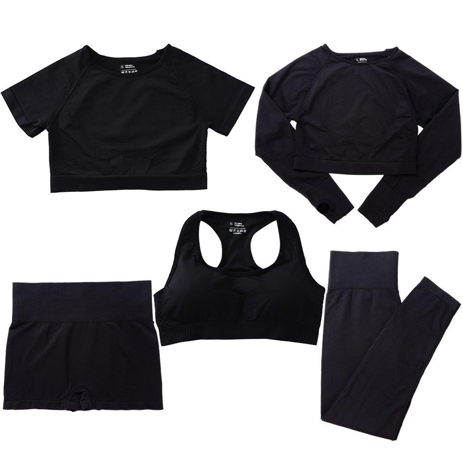 Generisch Set da yoga da donna, 5 pezzi, senza cuciture, con leggings, pantaloncini, reggiseno sportivo e magliette, set completo di abbigliamento sportivo per palestra