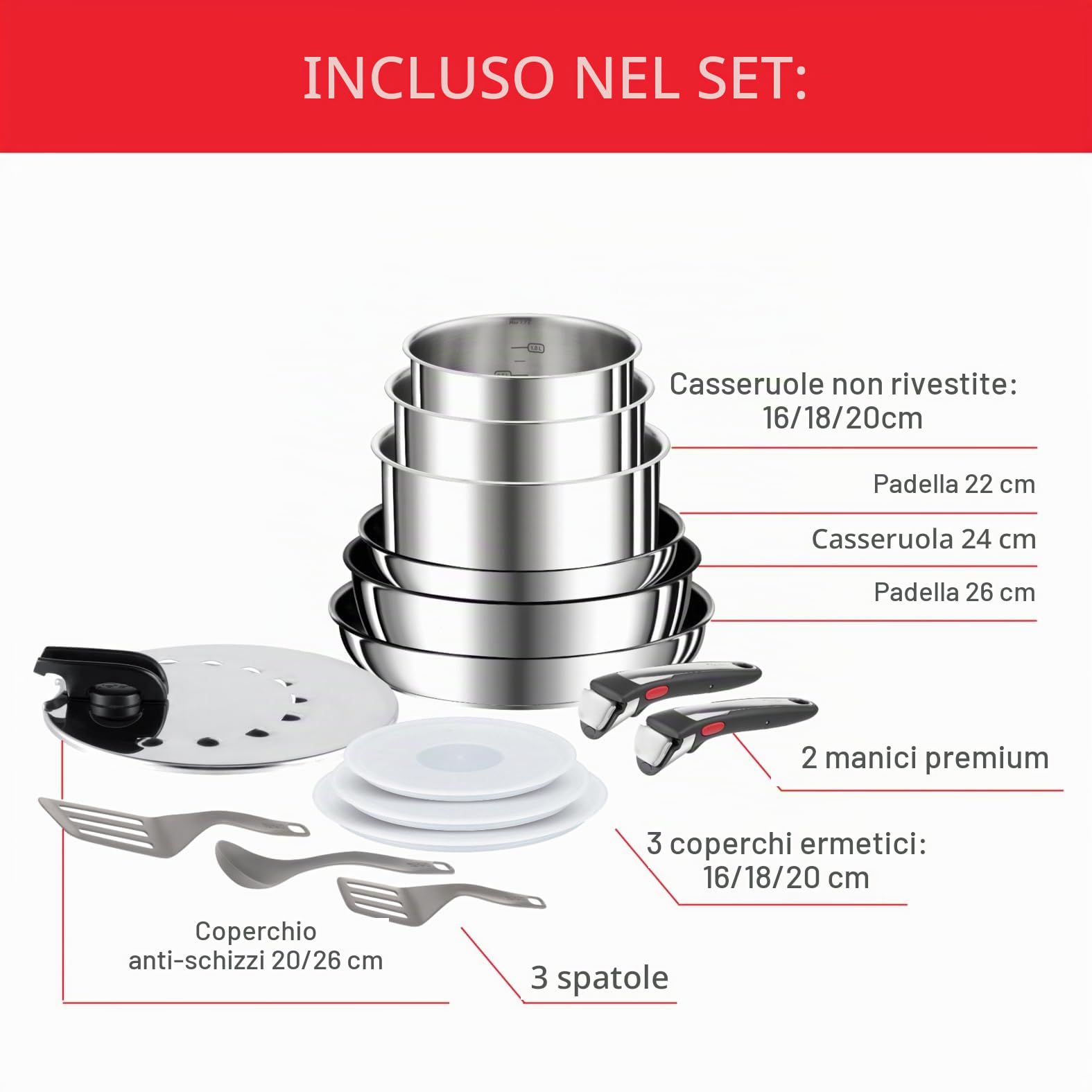 Tefal Ingenio Preference ON L9749532 - Set di pentole e padelle, impilabili, con manico rimovibile, salvaspazio, antiaderenti, a induzione, in acciaio inox, 15 pezzi