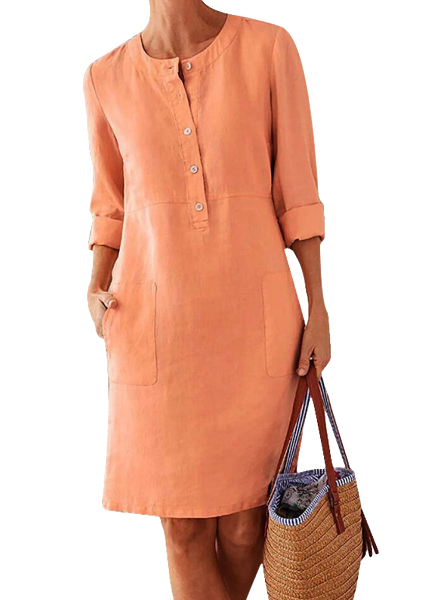 Robe midi rétro col rond coupe ample en lin léger style décontracté