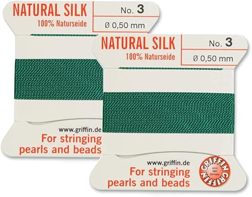Griffin - Cordón para cuentas de seda natural, 2 unidades, hilo y aguja, tamaño 3, color verde