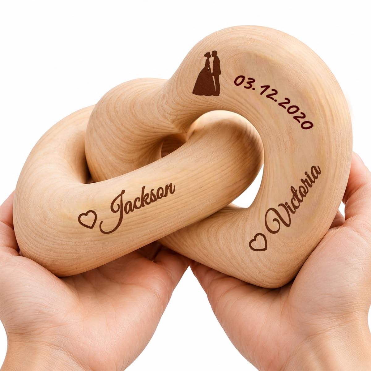 Custom Wooden Hearts with Names, Personalized Engraved Interlocking Heart Sculpture for Couples, Romantic 5th Wood Anniversary Valentine's Day Wedding Gifts for Him Her, Handcrafted Home Décor