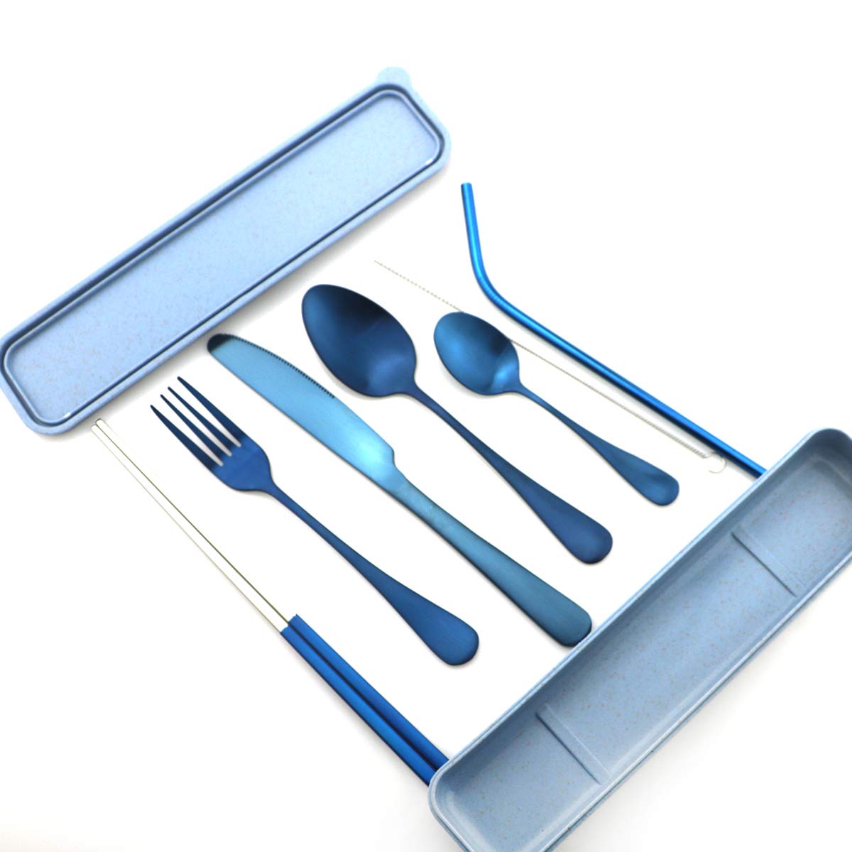 Blue Reusable Utensils with Case Camping Travel Silverware Set,Portable Stainless Steel Cutlery Set - Matte Flatware Set Knife Fork Spoon Mirror Straws Chopsticks - for Office Lunch, Hiking, School