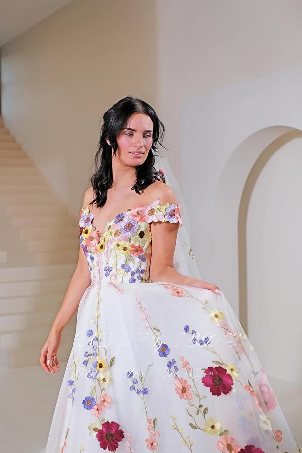 Women's 3D Flower Wedding Dresses A Line Beach Bridal Gowns Tulle Prom Dress with Train - Image 2