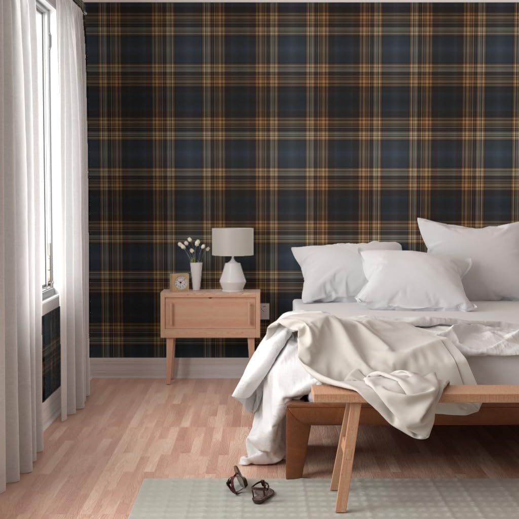 Spoonflower Peel & Stick Wallpaper Swatch - Blue Brown Tartan Traditional English Scottish Masculine Rustic Large Scale Classic Style Elegant Custom Removable Wallpaper