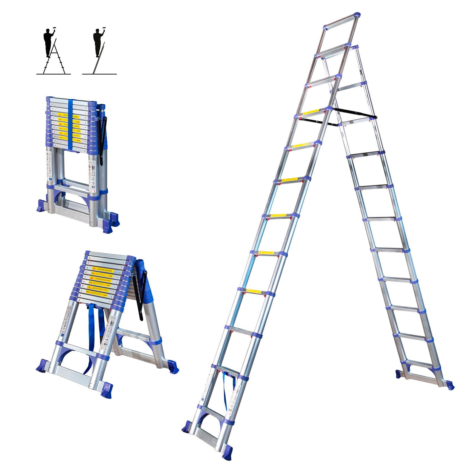 Escalera telescópica de 12 escalones EXTENDACT12, Escalera telescópica 3.5m+3.2m, Escalera Plegable, Estabilizador, Altura máxima de Trabajo 5m, Garantía de 5 años, Hostrom