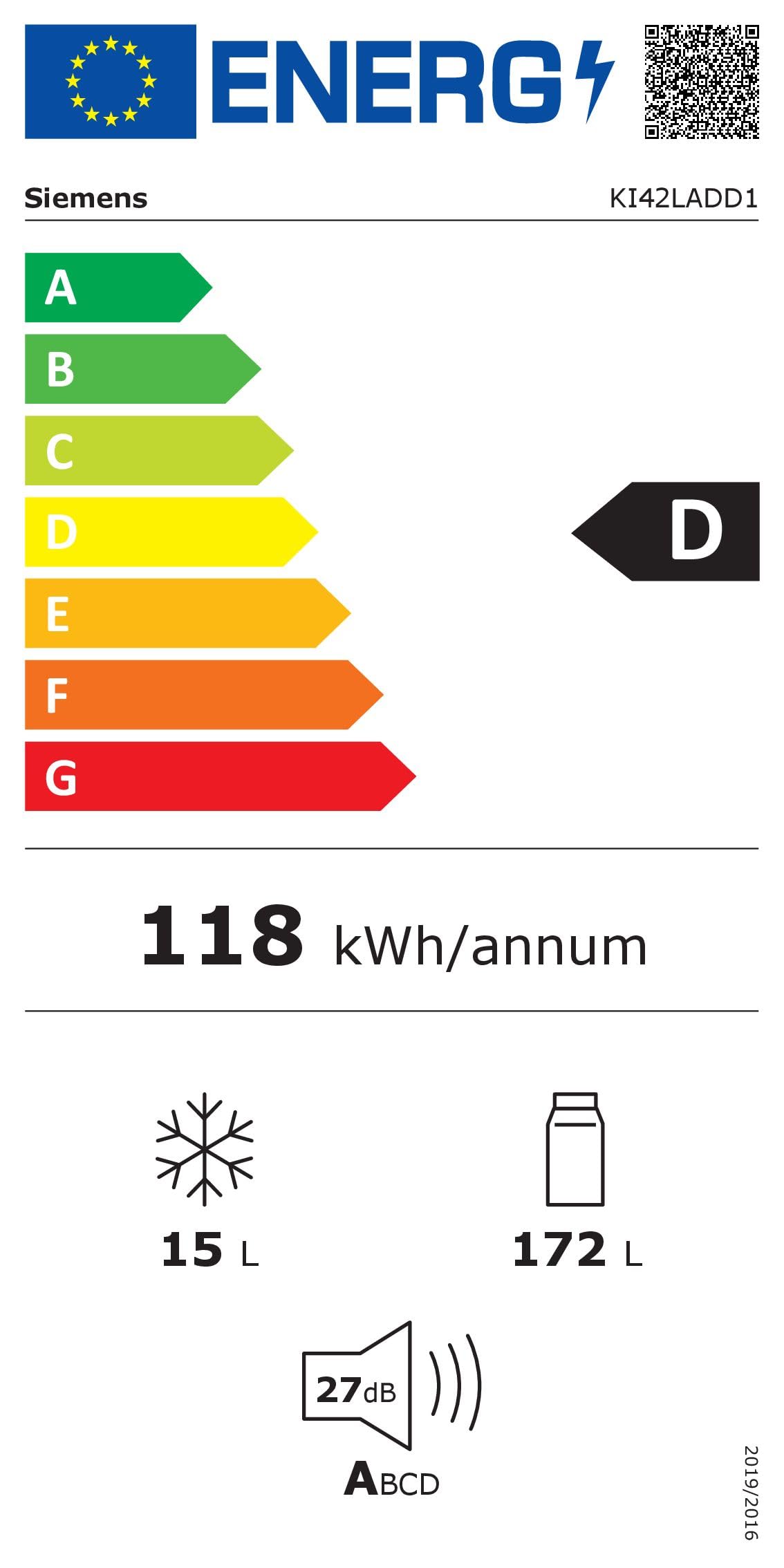 Siemens KI42LADD1 iQ500 Réfrigérateur encastrable avec congélateur, 122,5 x 56 cm, fabriqué en Allemagne, hyperFresh, contrôle électronique de la température, autoAirflow, alarme de porte