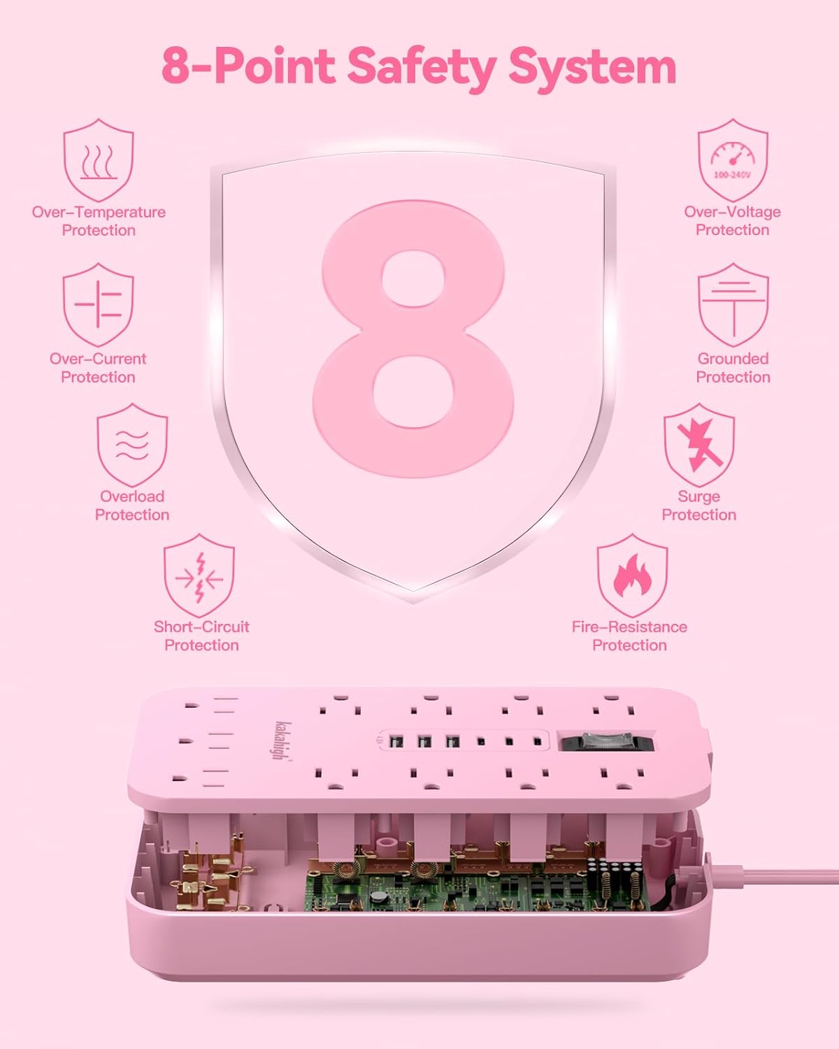 Pink Extension Cord with Multiple Outlets- 5 FT Kawaii Power Strip, Cute Extension Cord with 11 AC Outlet 6 USB (24W/4.8A), Charging Station for Cute Pink Kawaii Desk Home Room Decor Essentials Gifts