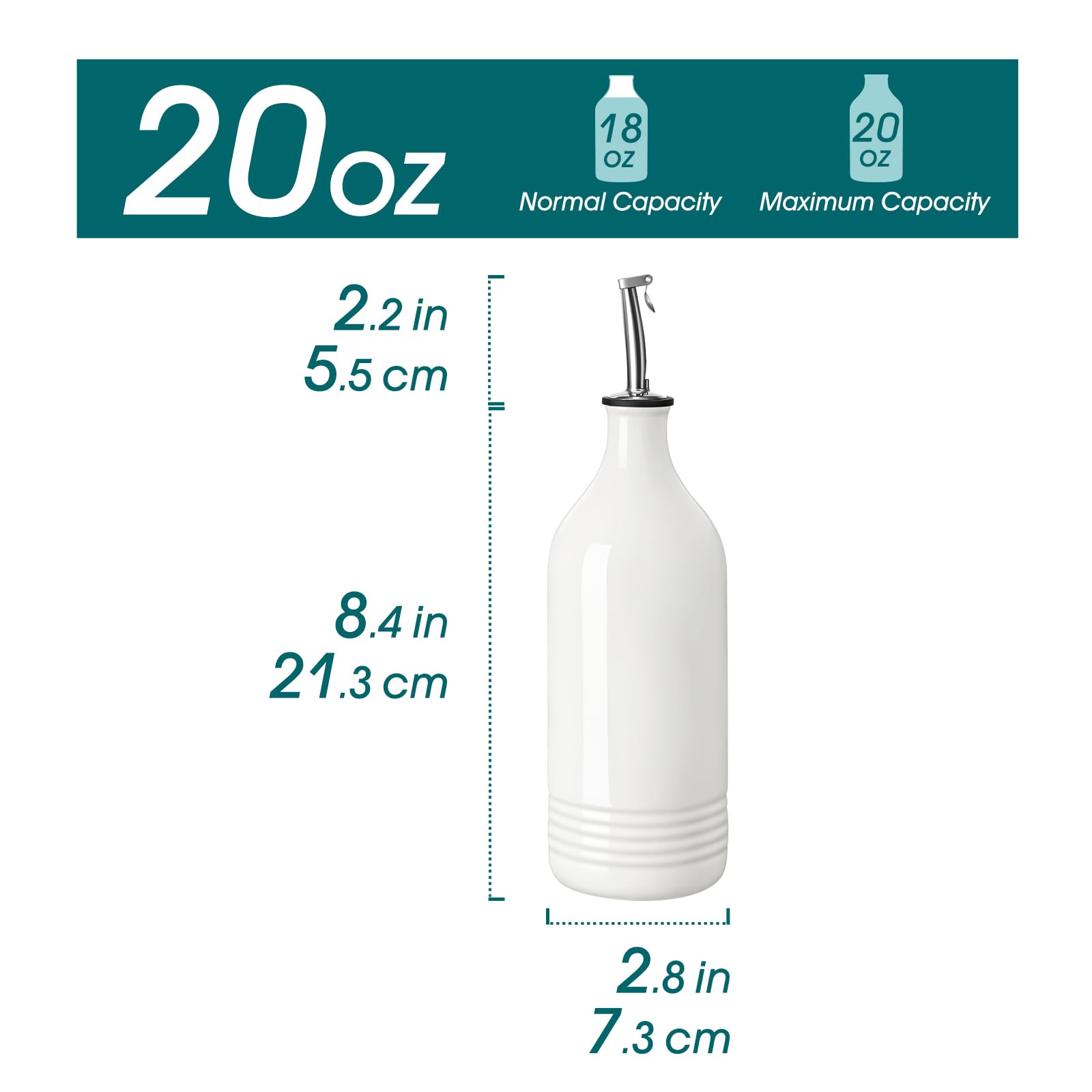 vancasso Dispenser per olio d'oliva, in ceramica, da 590 ml, con beccuccio e imbuto, per cucina, adatto per olio, aceto, sciroppi di caffè e altri liquidi, bianco